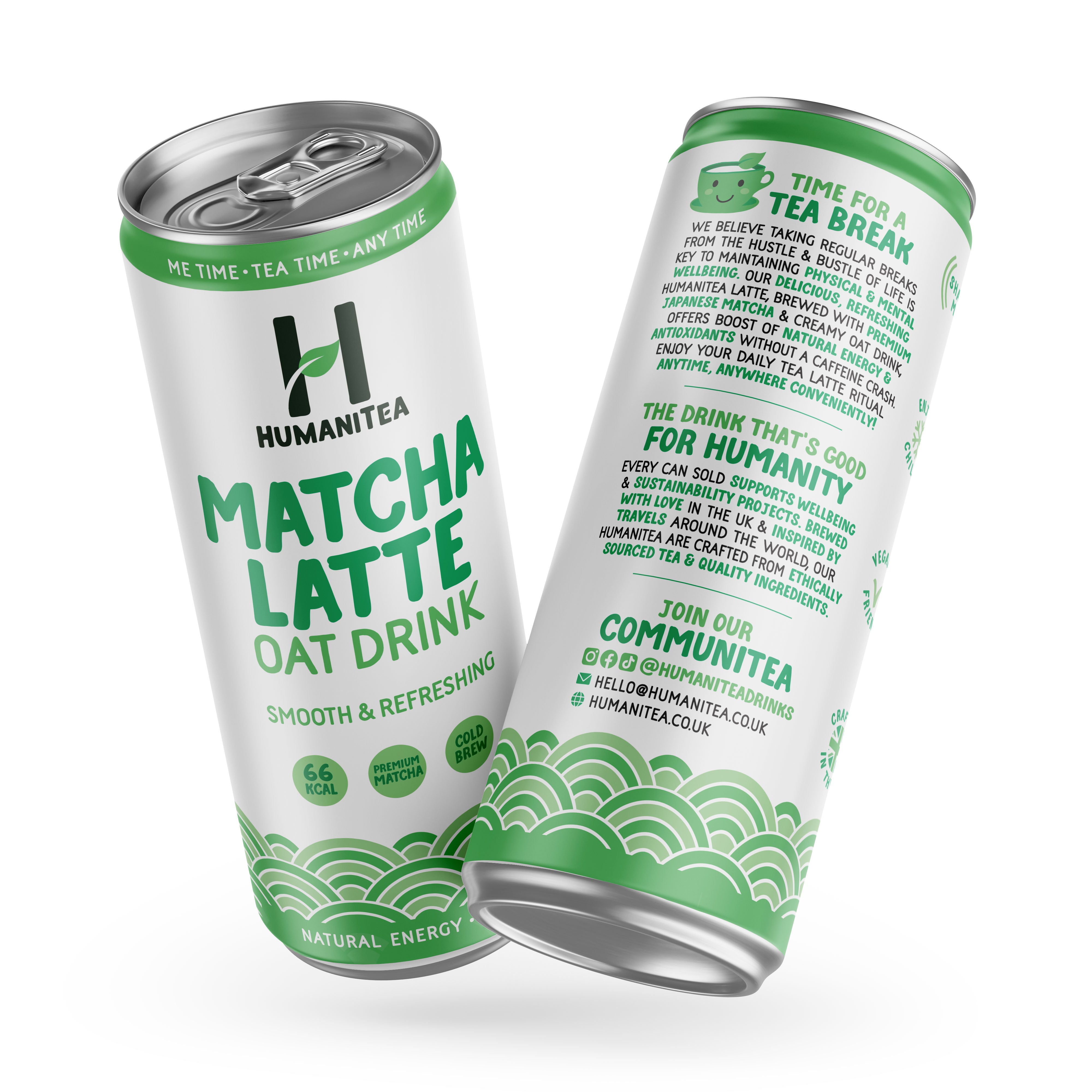 Two slim aluminum cans of Humantea Matcha Latte Oat Drink on a clean white background, one showing the front label and the other showing the back with product details and branding.