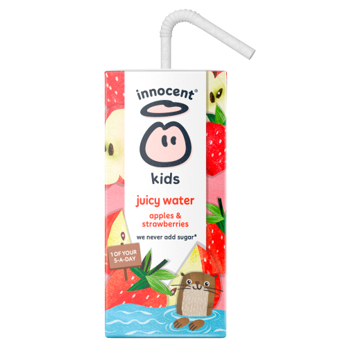An Innocent Kids Juicy Water carton with a white curved straw, featuring illustrations of strawberries, apples, a cartoon otter, and blue water on a white background.