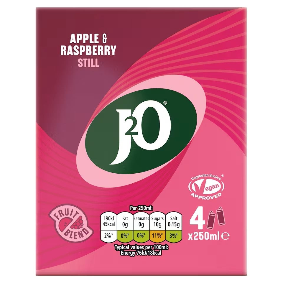 A package of J2O Apple & Raspberry Still cold drink mix, featuring a pink and magenta design with a large green J2O logo in the center, on a white background.