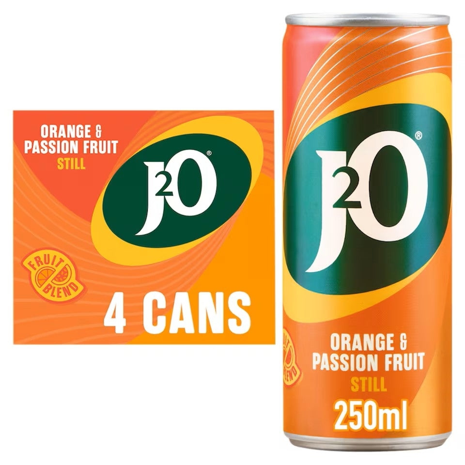 A 250ml can of J20 Orange & Passion Fruit Still beverage shown next to its 4-can cardboard carton packaging on a plain white background.