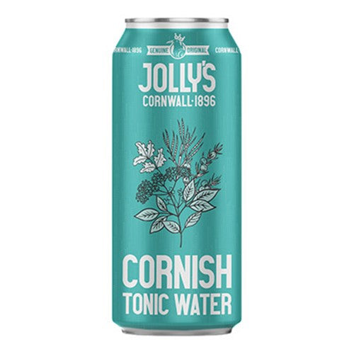 A can of Jolly's Cornish Tonic Water with a green label featuring floral designs and the text 'Cornish Tonic Water'.
