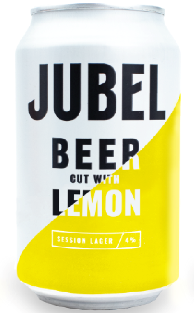A can of Jubel Beer, Lemon, featuring a white and bright yellow label with bold black text, shown on a clean white background.