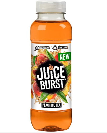 A bottle of Juice Burst Peach Ice Tea, featuring a white label with fruit illustrations and a green 'NEW' badge, filled with orange-colored tea and topped with a white cap.