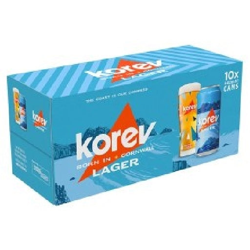 A 10-pack cardboard box of KOREV Born in Cornwall Lager beer cans, featuring a bright blue and white striped design with an orange-red triangular logo on a white background.