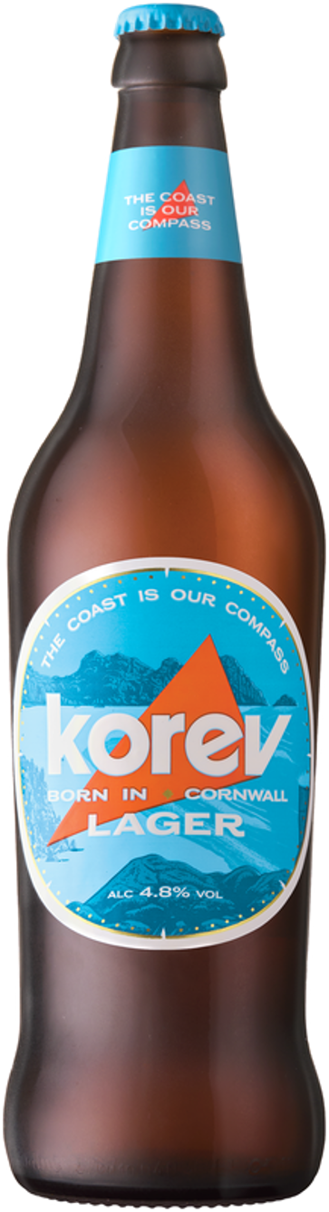 A brown glass bottle of Korev Born in Cornwall Lager beer, featuring a blue and white label with an orange mountain graphic.