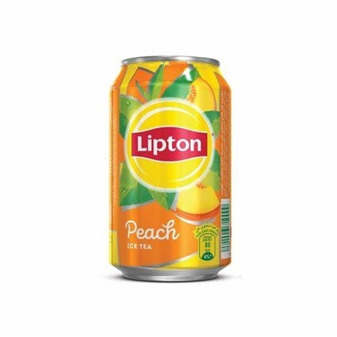 A single can of Lipton Peach Ice Tea on a plain white background. The can features a bright yellow and orange label with illustrations of peaches and green leaves, and the red and white Lipton logo is prominently displayed in the center.