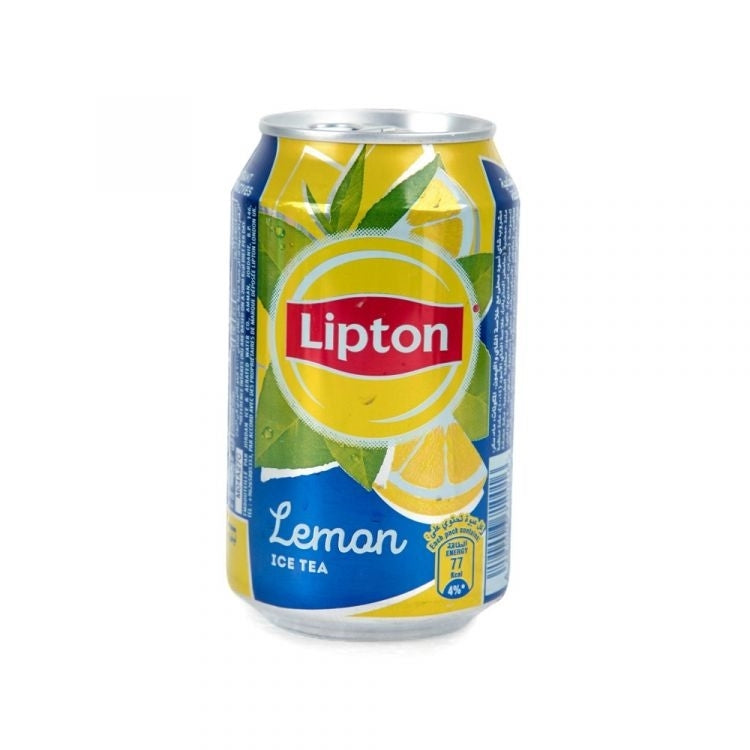 A can of Lipton Lemon Ice Tea beverage, featuring a yellow and blue label with green lemon illustrations and the red Lipton logo, set against a plain white background.