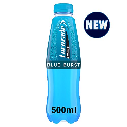 Blue Lucozade Energy drink bottle labeled 'Blue Burst' with a 'New' badge on a white background