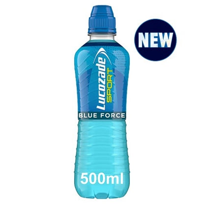 A 500ml plastic bottle of LUCOZADE SPORT BLUE FORCE with a blue cap and label, marked as new.