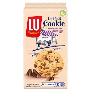 Packaging of LU Le Petit Chunky Choc Chip cookies showing the brand logo, product name, and an image of the cookies with visible chocolate chips.