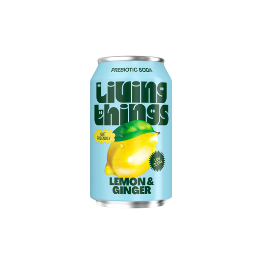 Can of Living Things prebiotic soda with lemon and ginger flavor on a white background