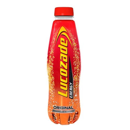 Red Lucozade energy drink bottle on a white background