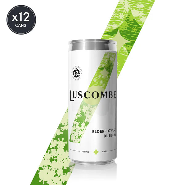Luscombe elderflower bubbly can with green design on a white background