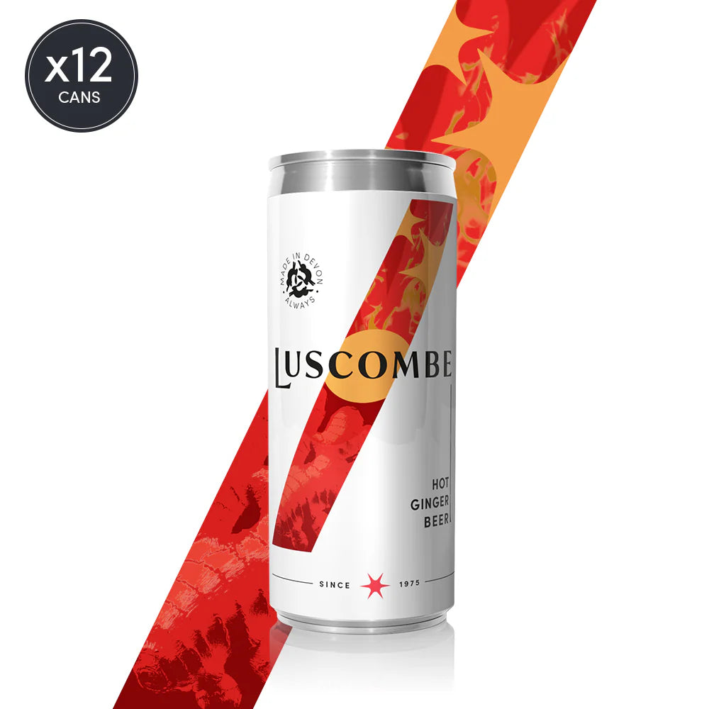 Luscombe ginger beer can with red and orange design on a white background