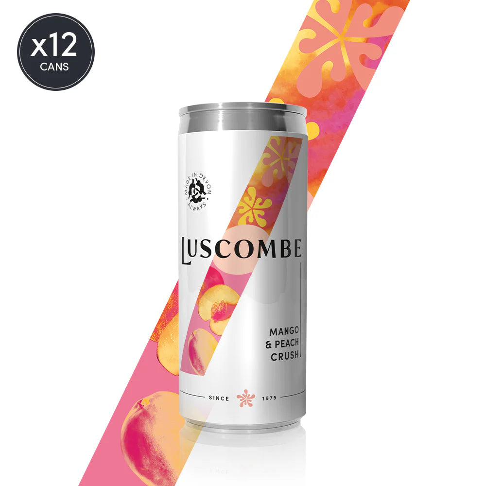 Luscombe mango peach crush can with colorful design on a white background