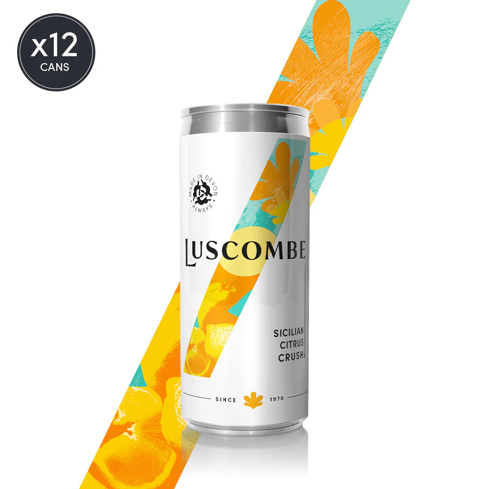 Luscombe can with colorful design on a white background