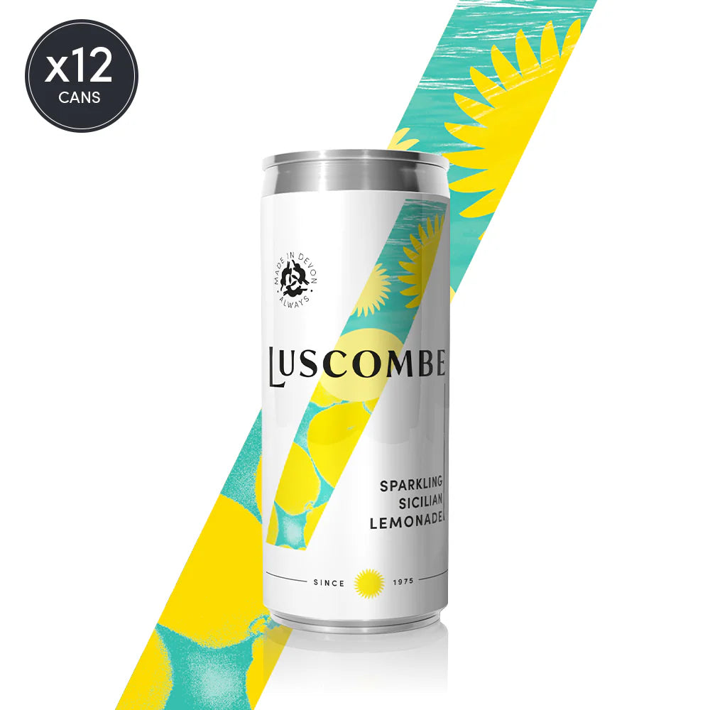 Luscombe lemonade can with a colorful design on a white background