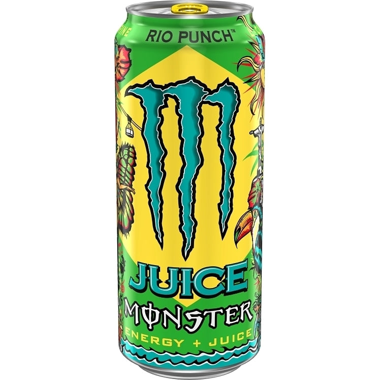 Monster Energy Drink can with 'Rio Punch' flavor on a white background