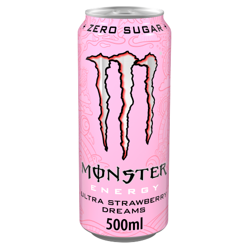 A 500ml can of Monster Energy drink in the Ultra Strawberry Dreams flavor, featuring a light pink can with the iconic claw logo in black and white with a red outline.