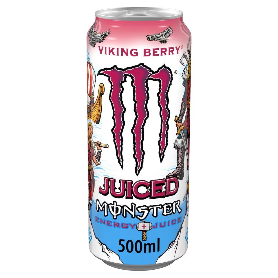 A 500ml can of Monster Juiced Energy + Juice in the Viking Berry flavor, featuring the iconic pink claw logo on a white background with illustrations of Norse figures and a pink-to-blue gradient at the bottom.
