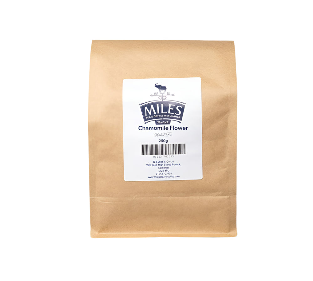 A package of MILES chamomile loose leaf tea weighing 250g, with a label displaying the brand name and product type.