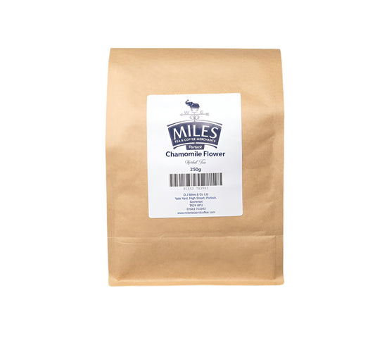 A package of MILES chamomile loose leaf tea weighing 250g, with a label displaying the brand name and product type.