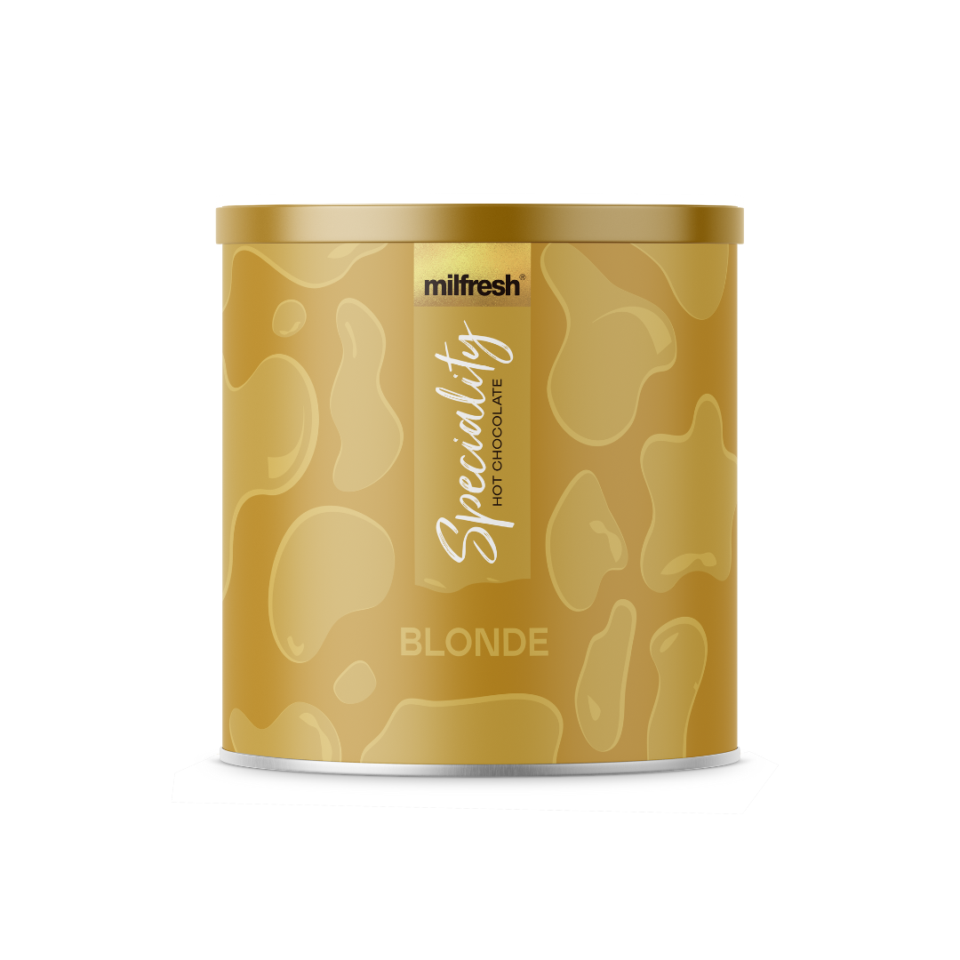 Gold canister of milfresh blonde hot chocolate on a white background