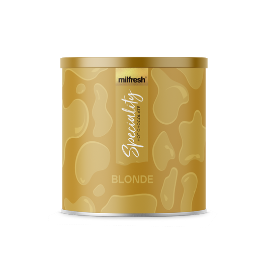 Gold canister of milfresh blonde hot chocolate on a white background