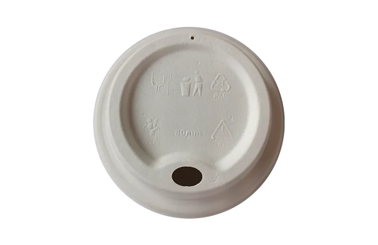 White molded fiber coffee lid for 12oz/16oz cups, with a central opening for pouring.