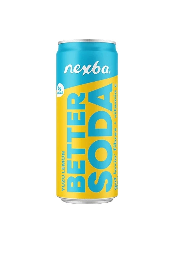 A single Nexba Better Soda can in Yuzu Lemon flavor, featuring a bright yellow and blue design with white text, set against a plain white background.