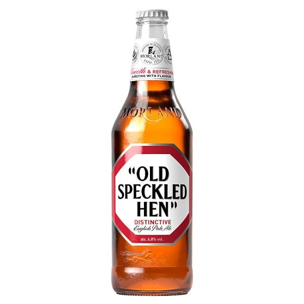Old Speckled Hen beer bottle on a white background
