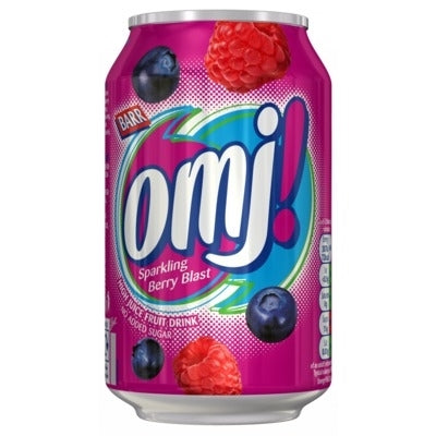 A can of Omj! Sparkling Berry Blast fruit drink, featuring a vibrant magenta and purple label decorated with illustrations of blueberries and raspberries, on a plain white background.