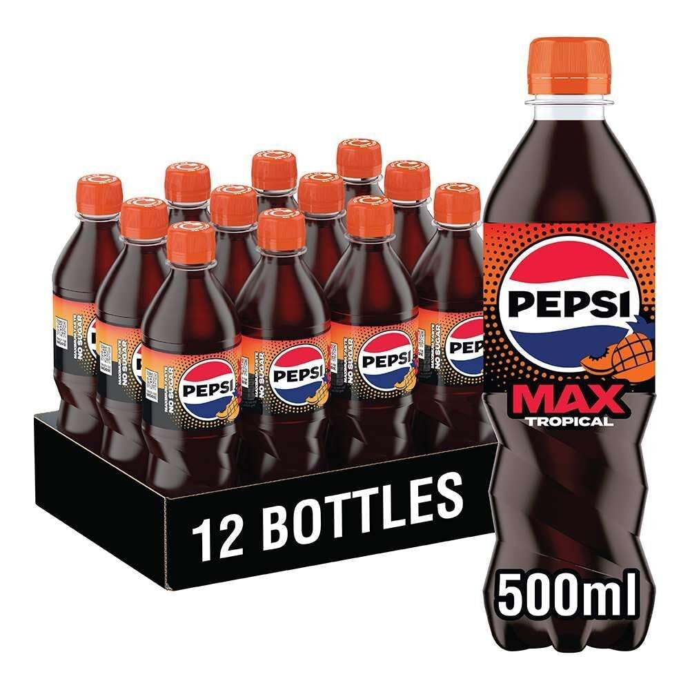 Pack of 12 Pepsi Max Tropical bottles with a large bottle on the right.