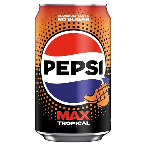 A single Pepsi Max Tropical beverage can on a plain white background. The can features the classic Pepsi globe logo with red, white, and blue, plus black text reading 'PEPSI' and 'MAX TROPICAL'.