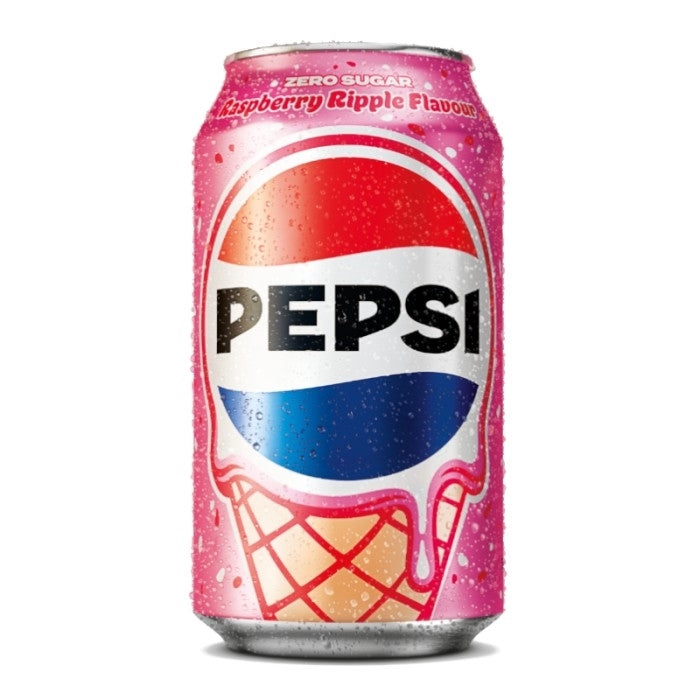 Pink can of Pepsi Zero Sugar Raspberry Ripple Flavour on a white background