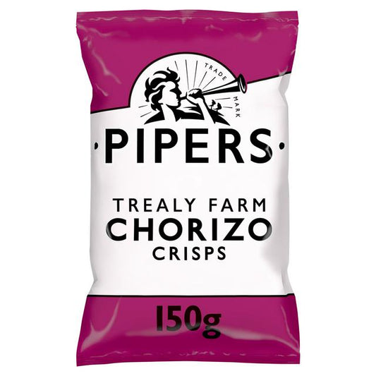 A bag of Piper's Trealy Farm Chorizo Crisps, 150g size, with a purple label.