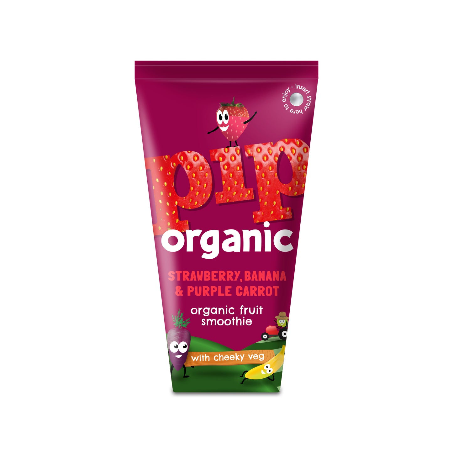A packaged smoothie drink with branding and flavor information displayed on the front. The packaging is predominantly purple with images of strawberries, bananas, and carrots.