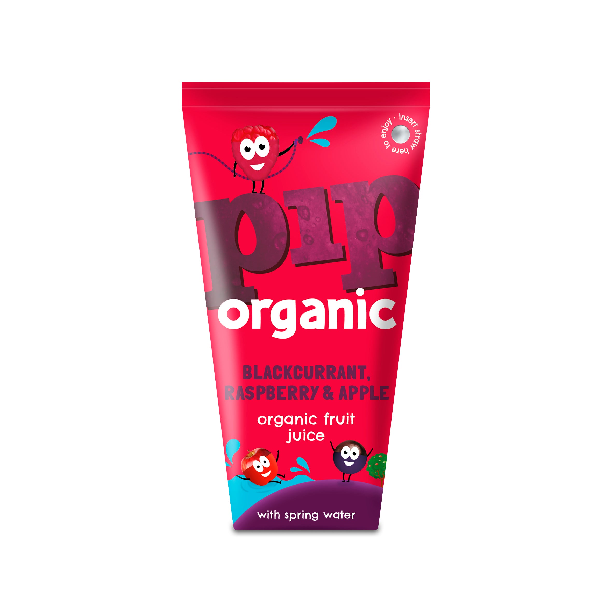 A colorful package of PIP Organic fruit juice featuring images of blackcurrants, raspberries, and apples with a cartoon character.