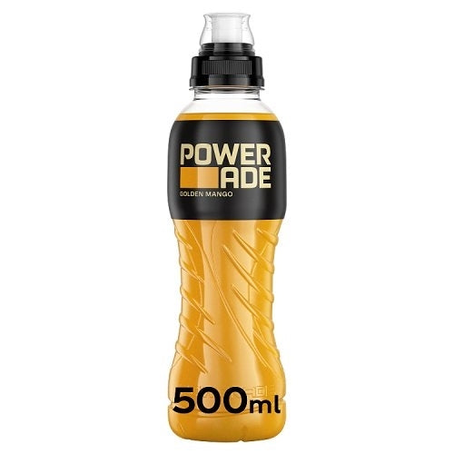 Powerade Golden Mango sports drink bottle on a white background