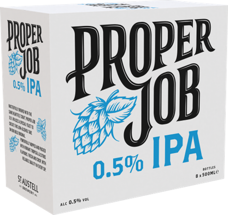 A white 8-pack cardboard box for Proper Job 0.5% IPA beer, featuring large black stylized lettering and light blue text and hop cone graphics on a white background.