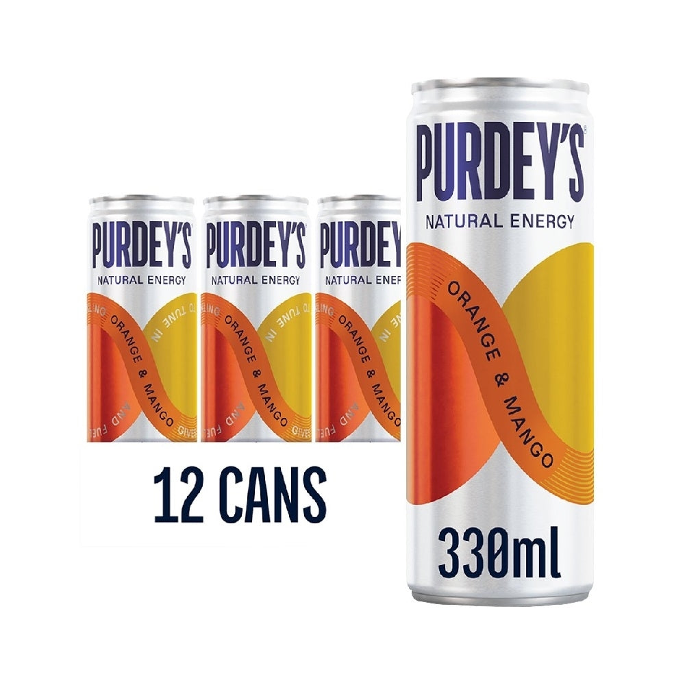 A pack of Purdy's Natural Energy Orange & Mango 330ml cans, showing one large can in the foreground and twelve smaller cans lined up behind it, with '12 CANS' written below on a white background.