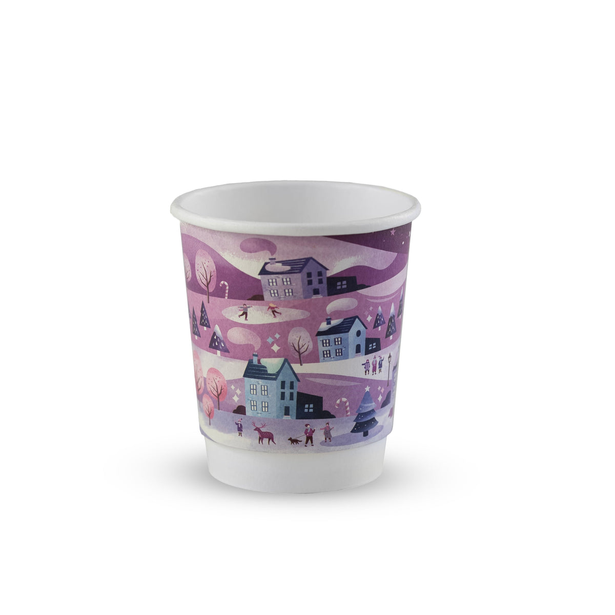 Paper cup with a purple scenic design on a white background