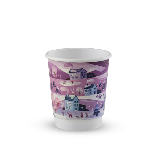 Paper cup with a purple scenic design on a white background