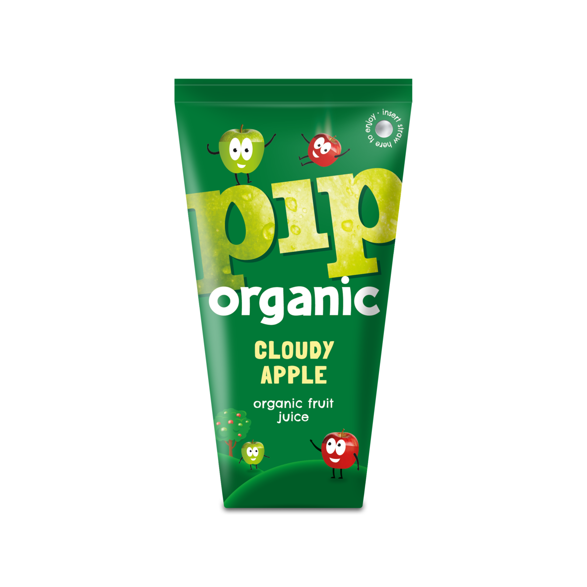 A pack of Pip Organic Cloudy Apple juice in a green container with illustrations of apples and leaves.