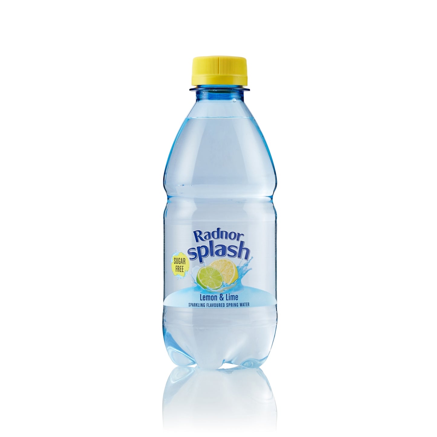 A bottle of Radnor Splash Lemon & Lime sparkling drink water with a yellow cap and blue-tinted plastic, shown on a white background with a reflection.