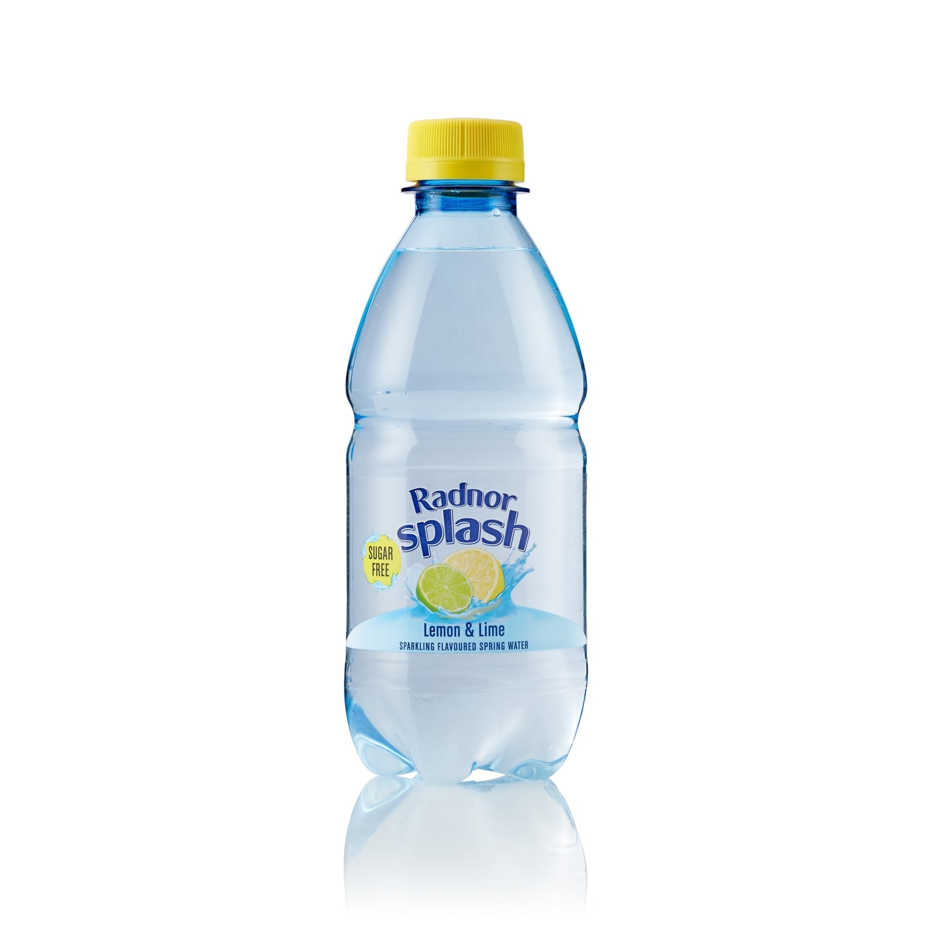 A bottle of Radnor Splash Lemon & Lime sparkling drink water with a yellow cap and blue-tinted plastic, shown on a white background with a reflection.
