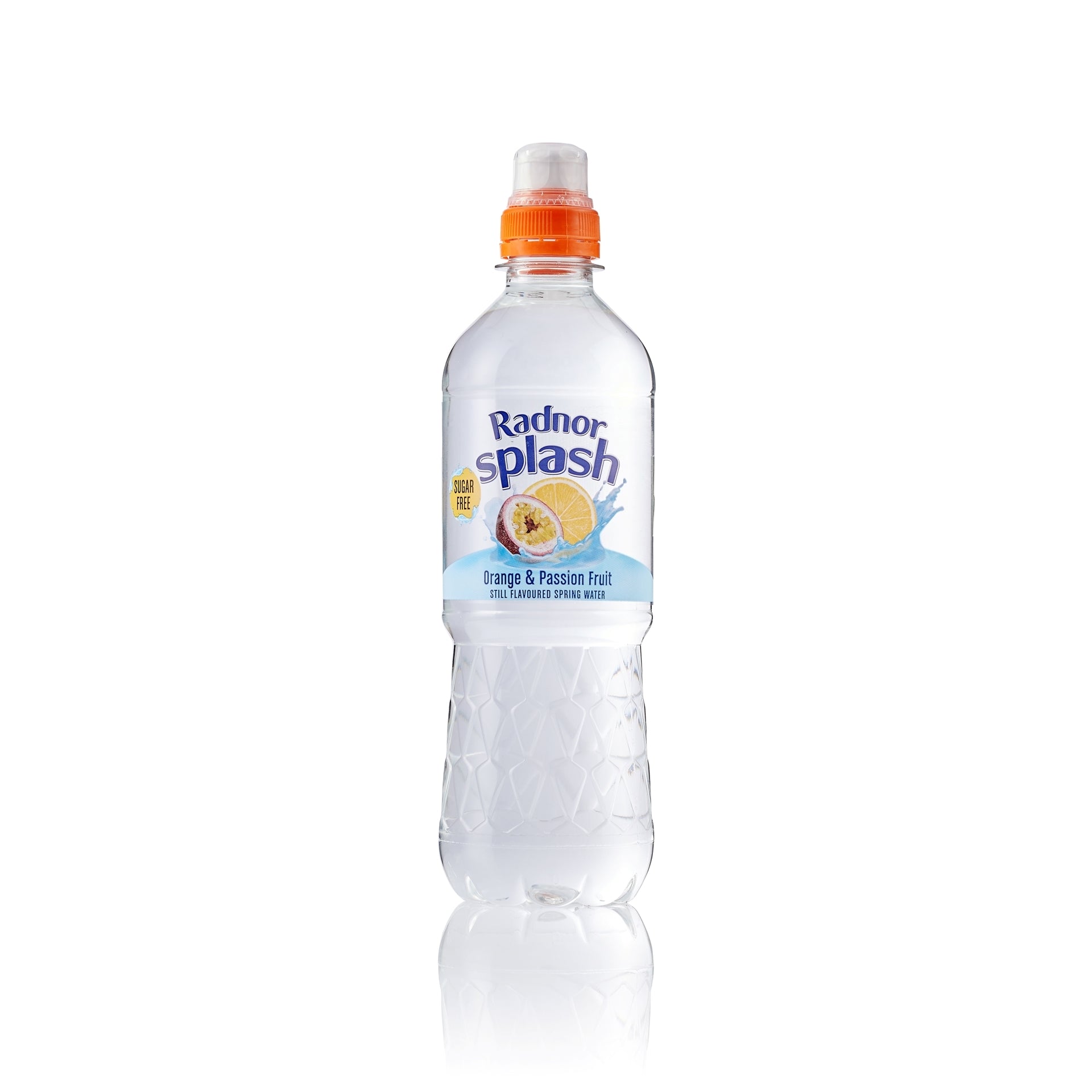Radnor Splash orange and passion fruit sparkling water bottle on a white background