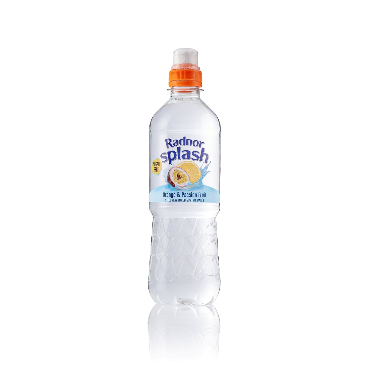 Radnor Splash orange and passion fruit sparkling water bottle on a white background