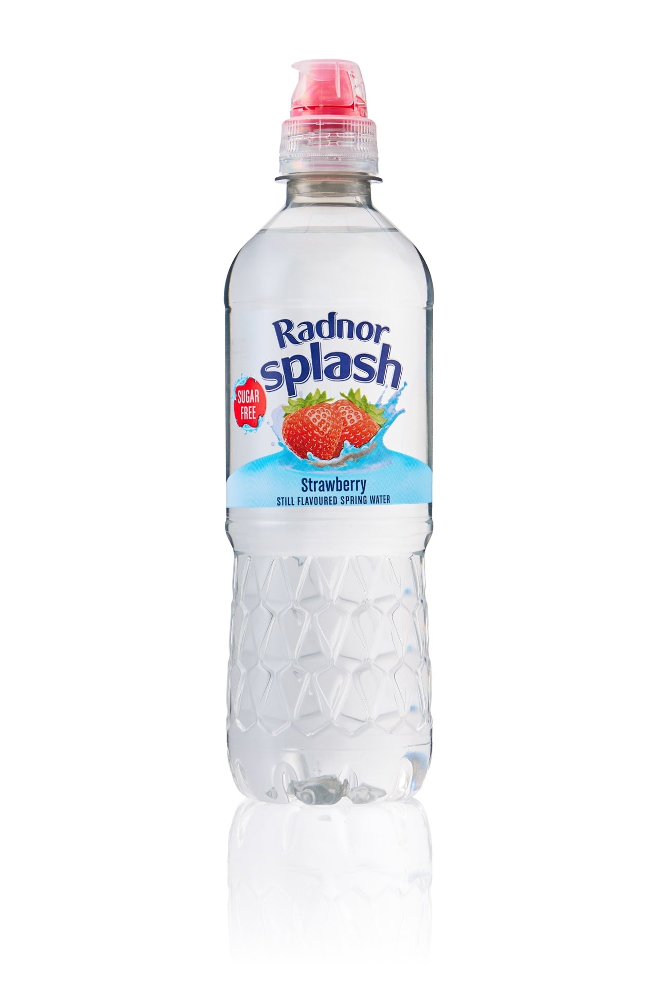 A bottle of Radnor Splash Strawberry still flavoured spring water, featuring a clear plastic bottle with a textured lower half and a pink cap, set against a plain white background with a soft reflection.