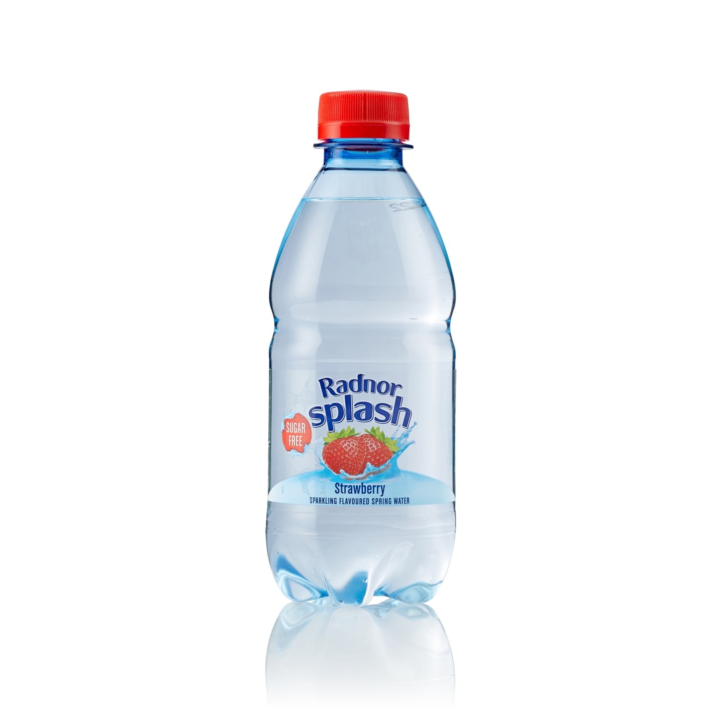 A bottle of Radnor Splash Strawberry sparkling flavored spring water with a red cap and blue label, shown on a white background with a reflection.